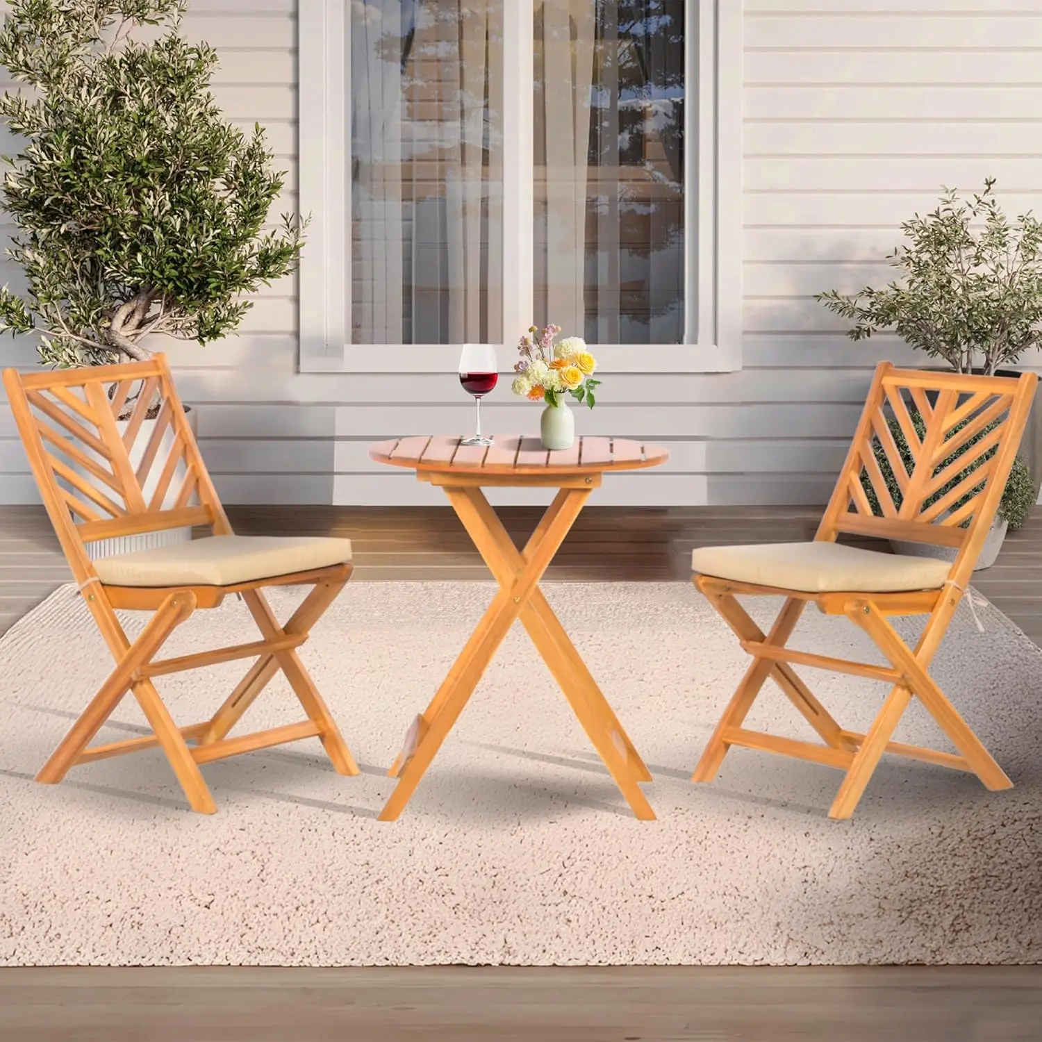 Foldable Acacia Wood Patio Set with Cushions, 2 Chairs and Table for Balcony or Porch