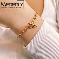 MEDFOLY Stainless Steel OT Buckle Bracelet For Women 14k Gold Plated Hypoallergenic Paperclip Link Hand Chain with Toggle Clasp