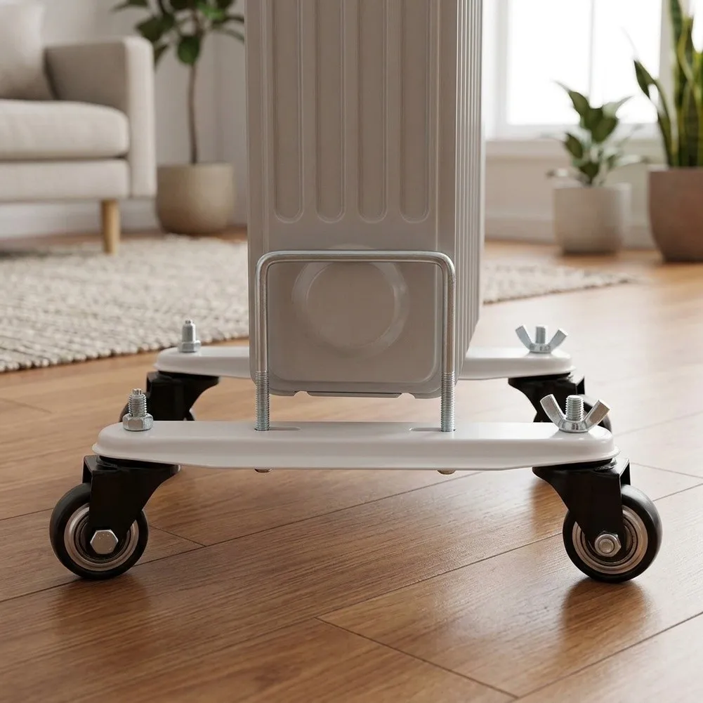 Radiator Mobility Bracket with Rotating Swivel Casters Carbon Steel Construction Designed for Heater Repositioning Tasks