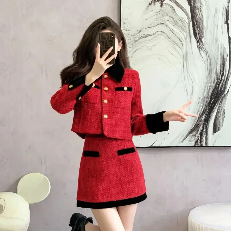 UNXX French Red Elegant Skirt Suits Women Female Office Lady Autumn/winter 2025 New Luxurious Tweed Short Skirt Two-piece Set