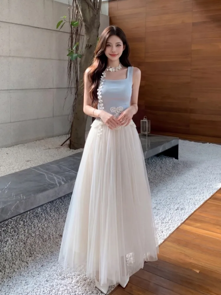 

Elegant Draped Midi Skirt And Tank Top Set for Women Summer Fashion Outfit Large Swing Skirt Gentle Wind Luxury Style