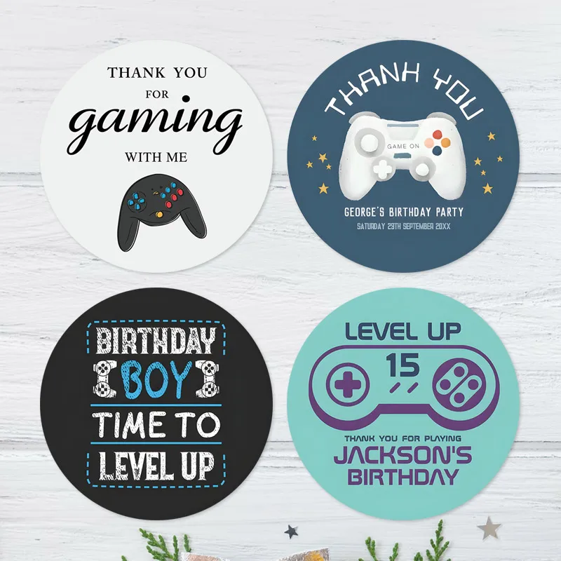 Gamer Boy Gaming Level Up Video Games Time Birthday Party Sticker Custom Kids Thank You Round Sticker Baby Shower Stickers Label