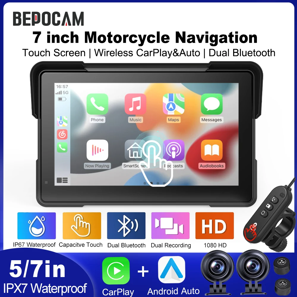 

BEPOCAM 5/7 дюймов мотоциклетный видеорегистратор навигация GPS беспроводной CarPlay Android Auto IPX7 водонепроницаемый экран портативный мотоциклетный монитор
