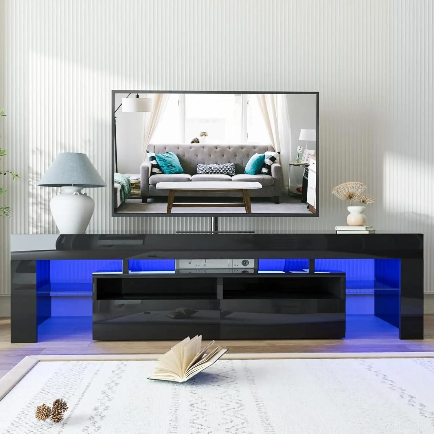 LED TV Stand for 50/55/60/65/70 TV, Black High Gloss Gaming Entertainment Center TV Stand with Drawers and Open Shelves