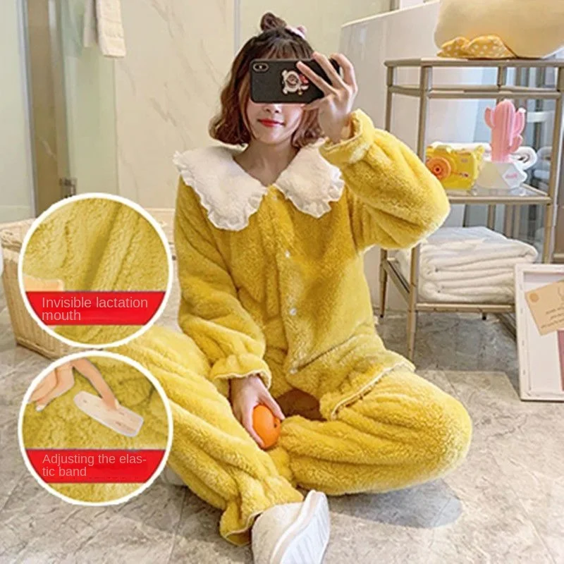 Pregnant Women's Pajamas Autumn Winter Postpartum Clothing with Velvet and Thick Coral Velvet Maternal Breastfeeding in October