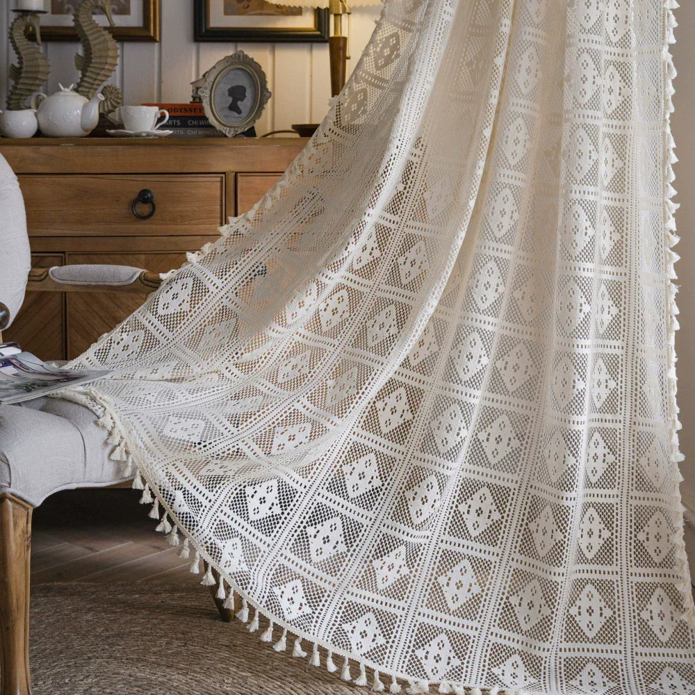 Boho Crochet Curtains For Bedroom Cafe Curtains,Vintage Farmhouse Lace Sheer Tassel Curtains Short Kitchen Bathroom Curtains