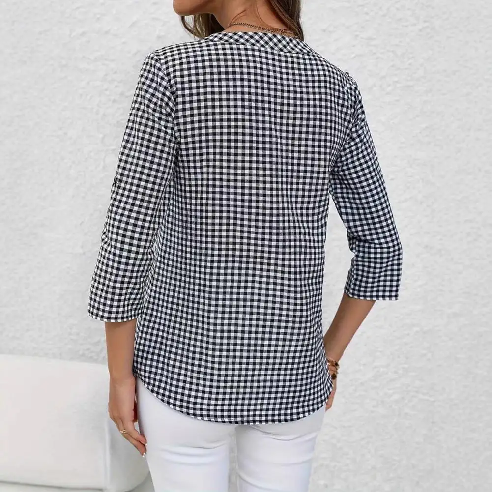

Women Blouse Women’s V-neck Shirt with Buttons 3/4 Sleeve Plaid Top Loose Fit Summer Blouse for Commuting Everyday Wear Women
