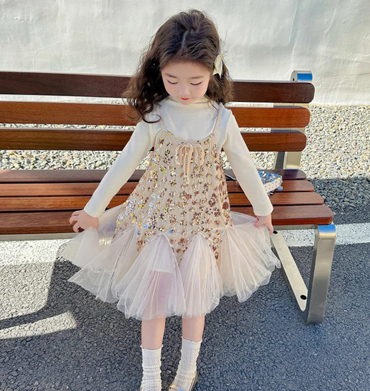 New Baby Girls Fall Boutique Fashion Sets Sequined Sling Dress + Long Sleeve Underwear Princess Elegant Suits 2-7T