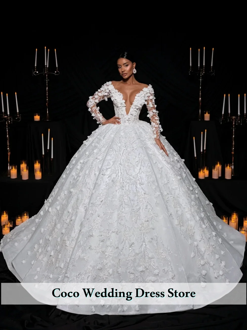 Customized  Exquisite Beaded Lace 3D Flower Princess Wedding Dress Deep V-neck Bridal Gown For Bride Vestidos De Novia