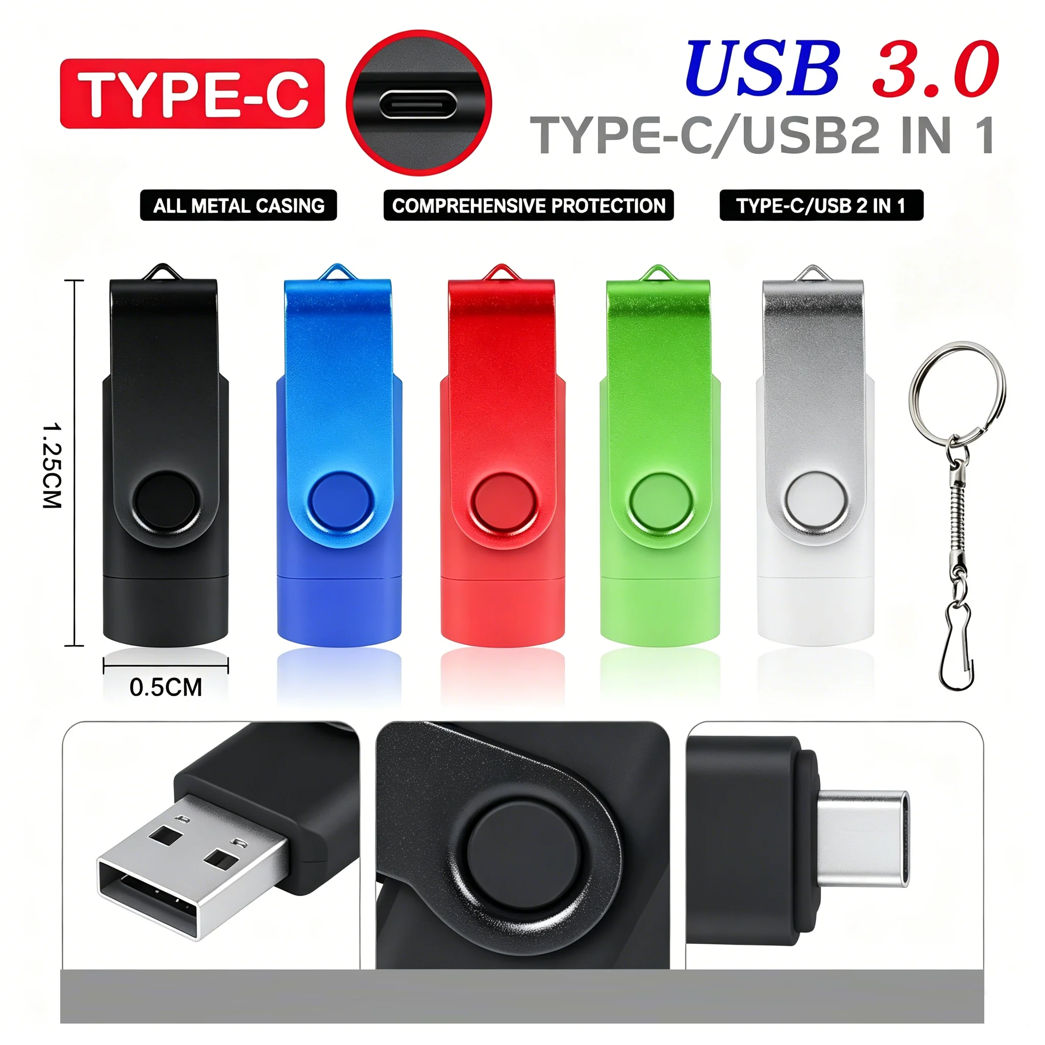 TYPE-C 2in1 Rotatable Pen drive 128GB 64GB High speed USB 3.0 Flash Drive 32GB 16GB 8GB 4GB Business gift U disk for smart phone