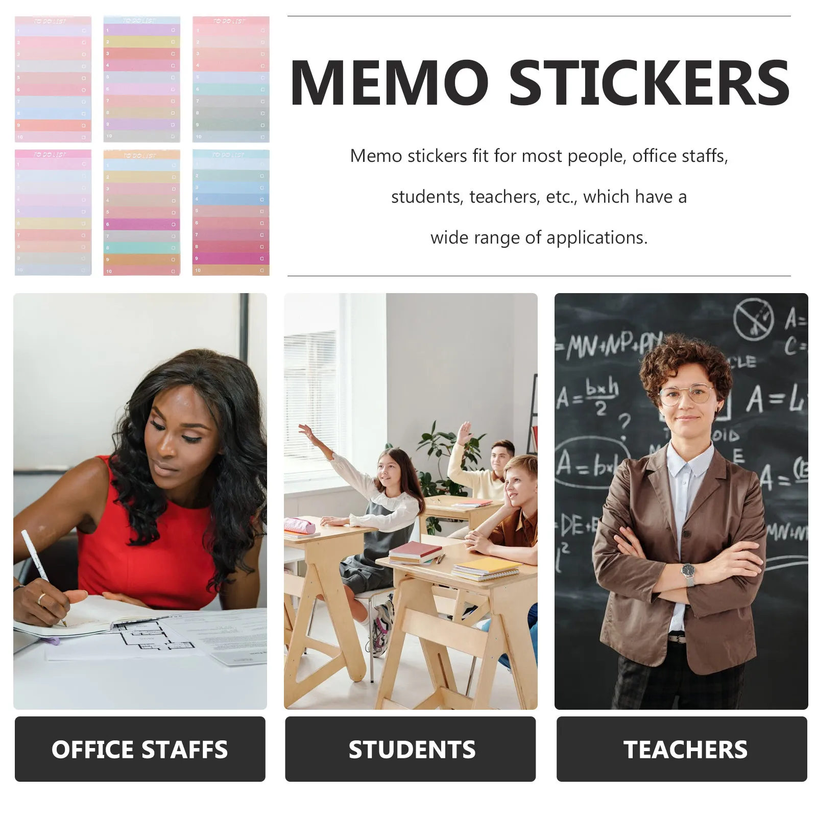 6Pcs Multi-Function Colorful Memo Stickers Creative Design Self-Adhesive Notepads for Desk Fridge Blackboard Wall School Office