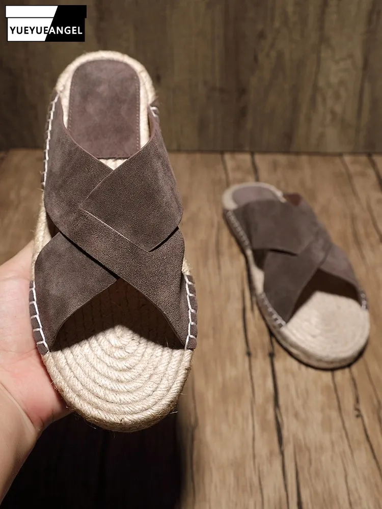 Vintage Mens Outside Cross Strap Genuine Leather Slippers Flats Straw Weave Platform Beach Slides Casual Slip On Slippers Shoes