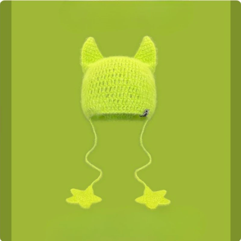 Niche Y2K Plush Cat Ear Knitted Hat for Men and Women Winter Warm Ear Protection Lace-up Five-pointed Star Design Beanie Capss