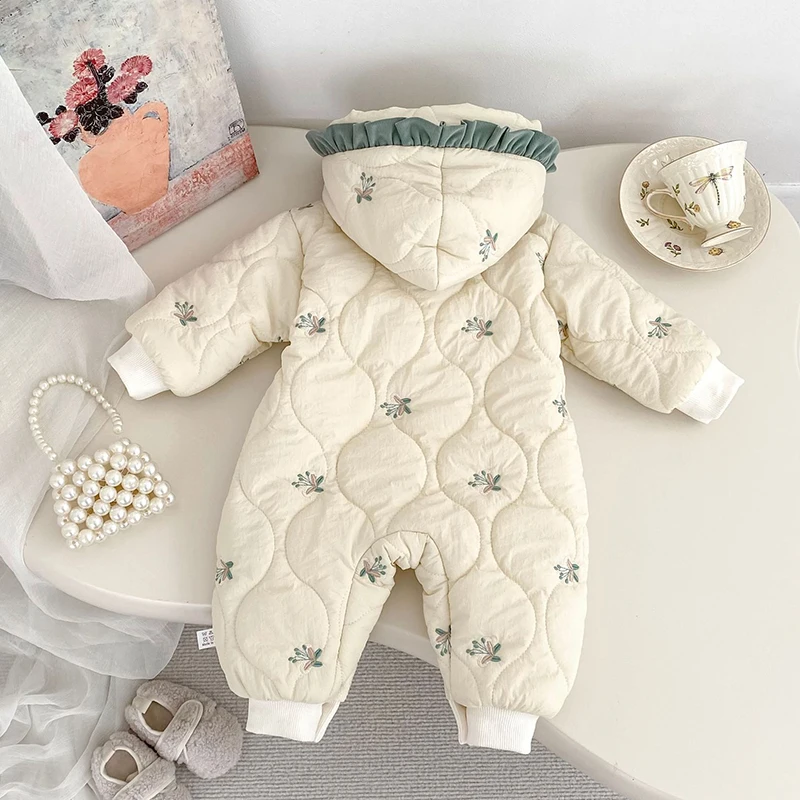 2025 New Winter 0-24M Children Clothes Toddler Baby Girl Thicken Warm Romper Long Sleeved Hooded Flower Embroidery Jumpsuit