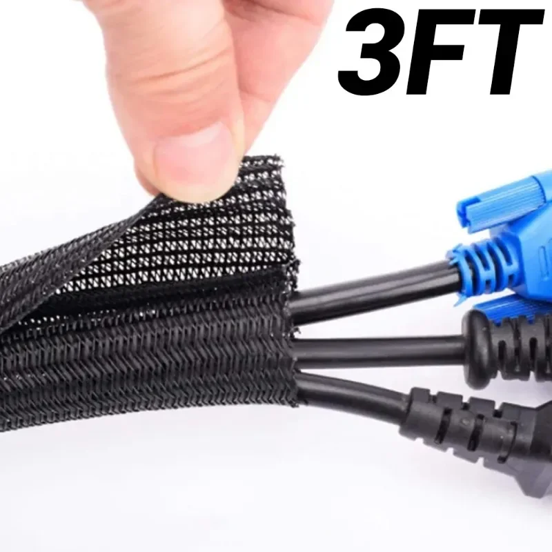 3ft Expandable Braided Cable Sleeve Line Organizer PET Self Closing Insulated Flexible Pipe Hose Wire Wrap Protector Universal