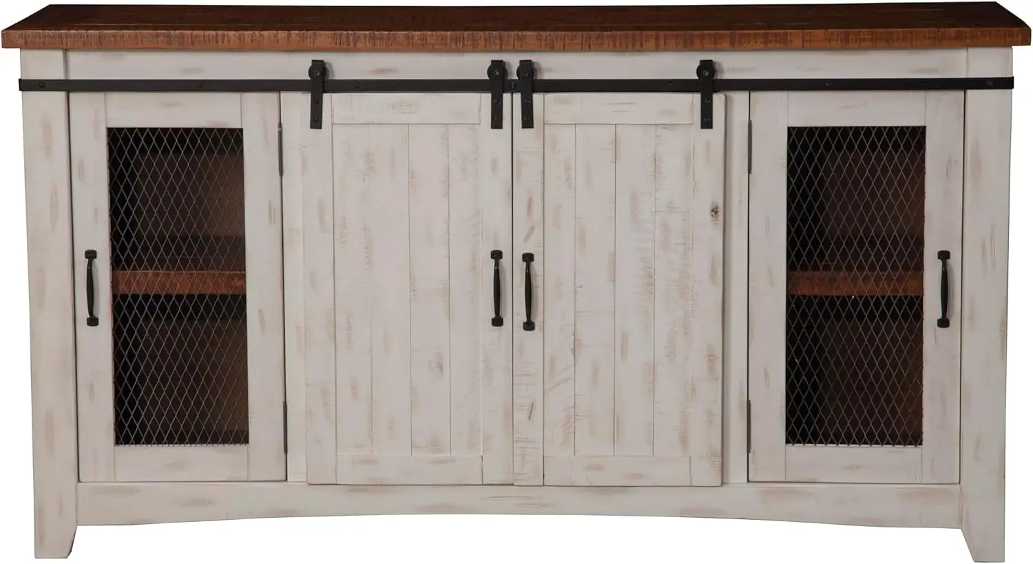 Rustic 65” Solid Wood TV Stand with Storage White and Aged Distressed Pine Multi-function Practical and Convenient