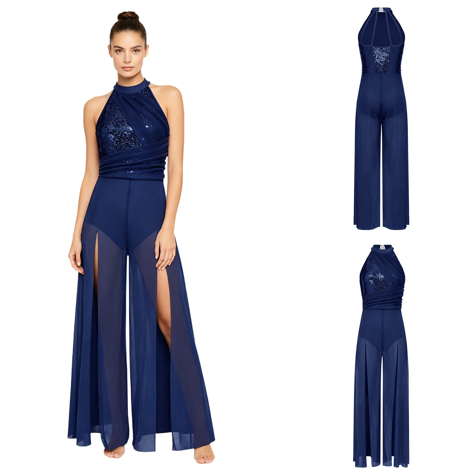 

Womens Lyrical Modern Dance Jumpsuit Halter Sequin Top Mesh Split Wide-leg Bodysuit for Figure Ice Skating Exhibition Gala Night
