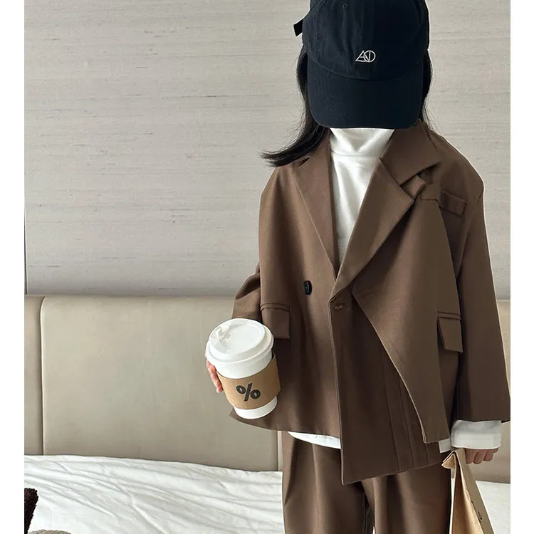 

Girl Suit 2023 New Autumn Korean Fashion Style Tailored Suit Solid Cotton Irregular Long Sleeve Top Loose Pants Two Piece Suit