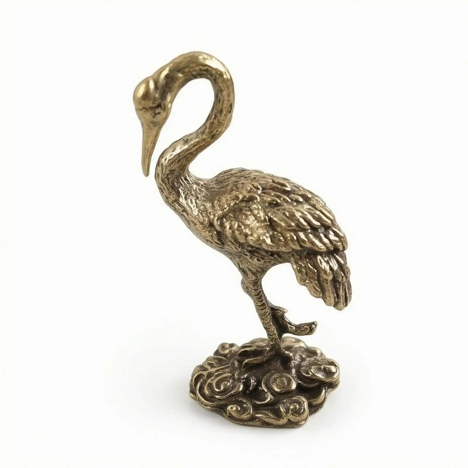 Gold Crane Figurine Engraved Feathers Antique Crane Statue Textured
