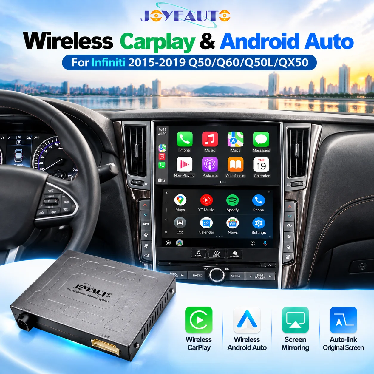 JoyeAuto Wireless Apple CarPlay Android Auto Retrofit Box for Infiniti 8-inch Screen 2015-2019 Q50 Q60 Q50L QX50 Airplay Mirrori