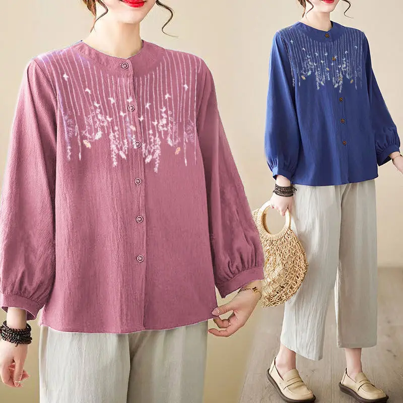 

Middle-aged Mother Spring Autumn Long Sleeve Shirt Cotton Linen Embroidery Large Size Women's Loose Slimming Shirt Outerwear