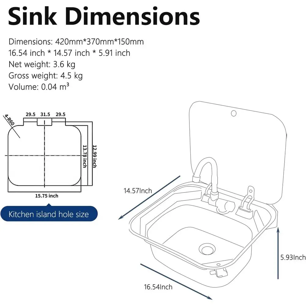 RV-gootsteen, 16,54 x 14,57 x 5,91 inch kleine roestvrijstalen bar-campinggootsteen met inklapbare kraan en deksel van gehard glas voor camper-trai