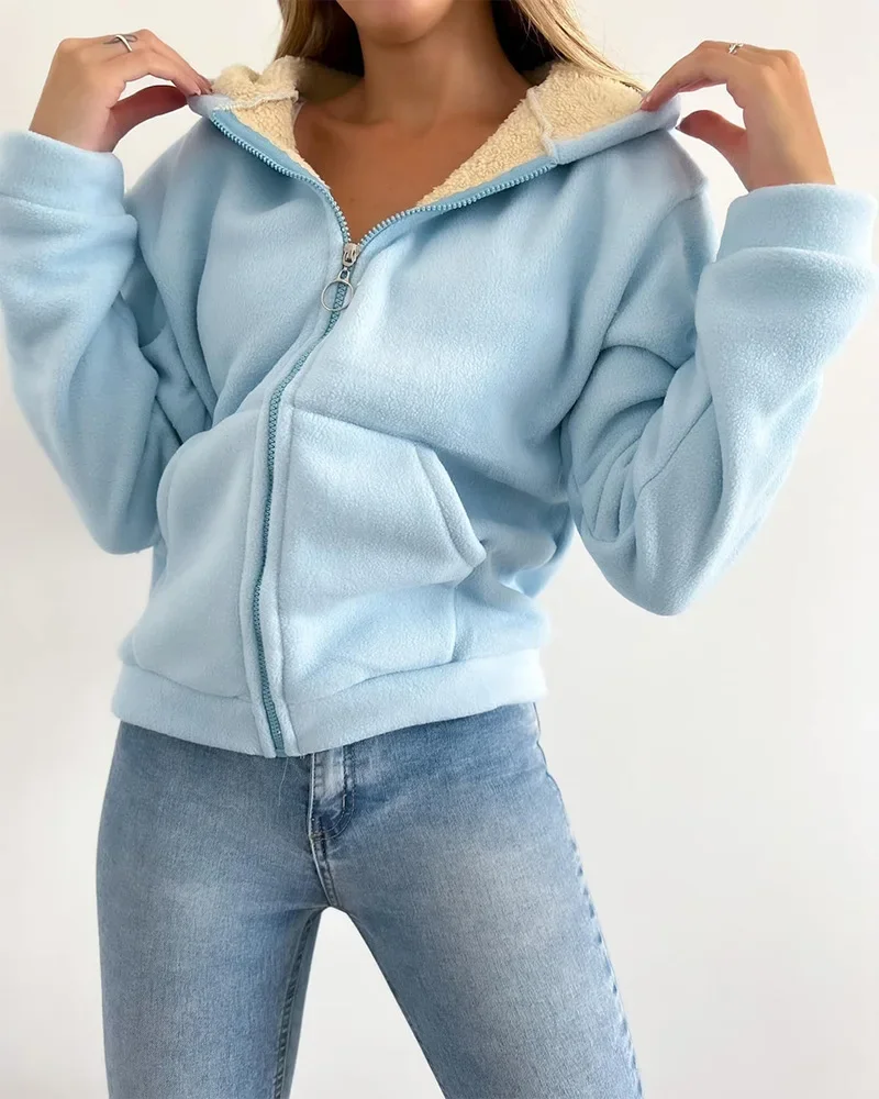 Open Front Clothes Women Zip Up Hoodie Autumn Winter 2024 New Latest Zip Up Pocket Design Lined Thermal Cardigan Coat Jackets