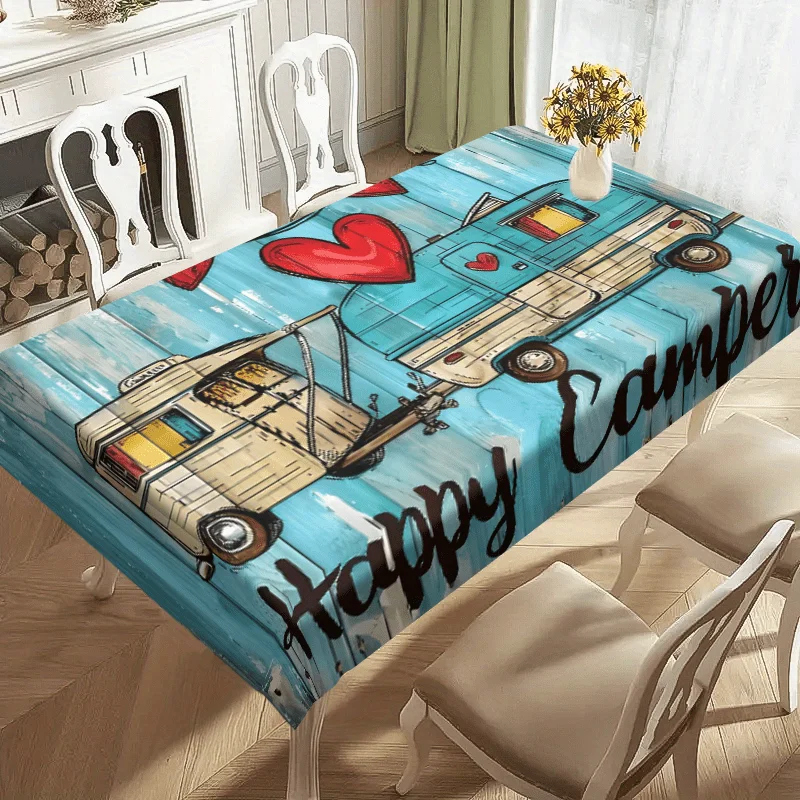 1pc Happy Camper Retro Camping Tablecloth - Vintage Camper Van & Hearts Design, Durable Table Cover for Indoor/Outdoor Use