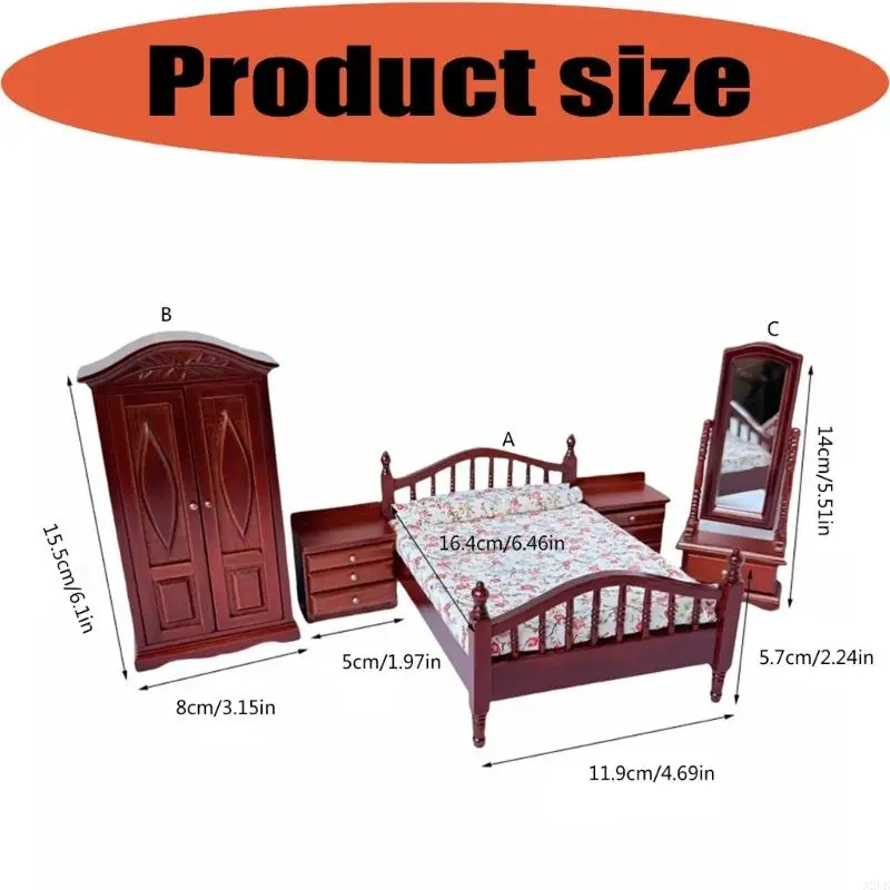 1:12 Puppenhaus Schlafzimmer Miniatur Szene Set Holzmöbel Modell Figur für Sammler Display und Kinder Rollenspiel A2UB – Detail 6