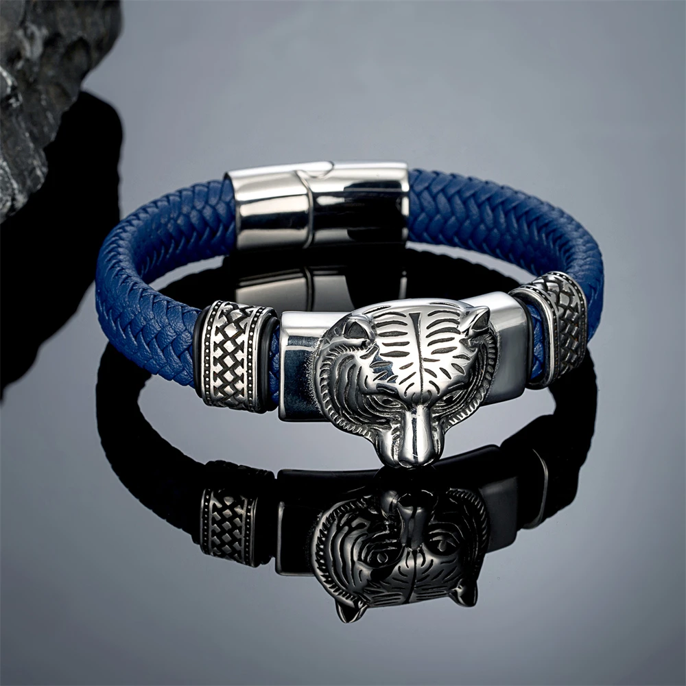 Vintage Vikings Bear Head Leather Bracelets for Men Handmade Stainless Stee Norse Amulet Bangles Punk Male Warrior Jewelry Gift view 3