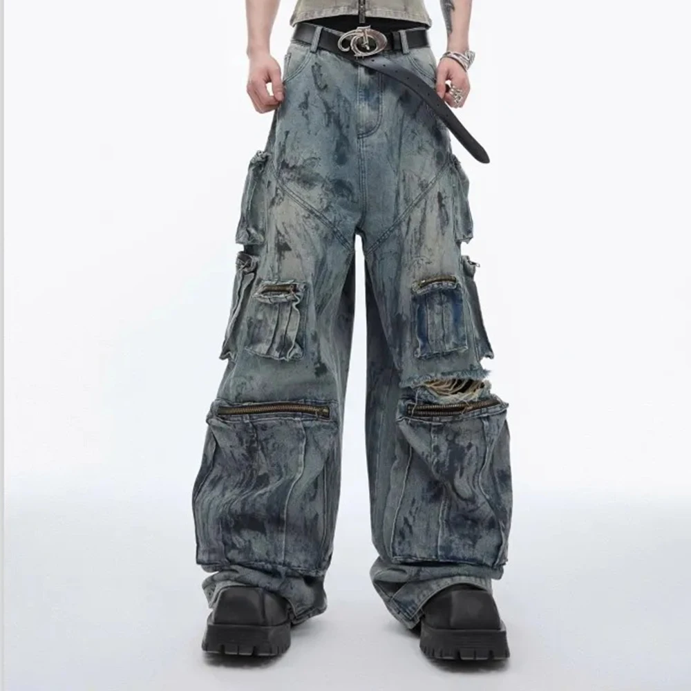 Autumn new men's multi-pocket work jeans American retro fashion trend high street hip-hop loose casual niche men's bottoms