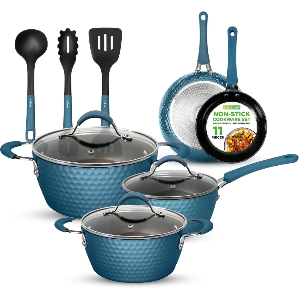 

11 Pc Pots and Pans Set Non Stick Cookware with Ceramic Coating, Ergonomic Handles, Induction Ready, Includes Saucepan