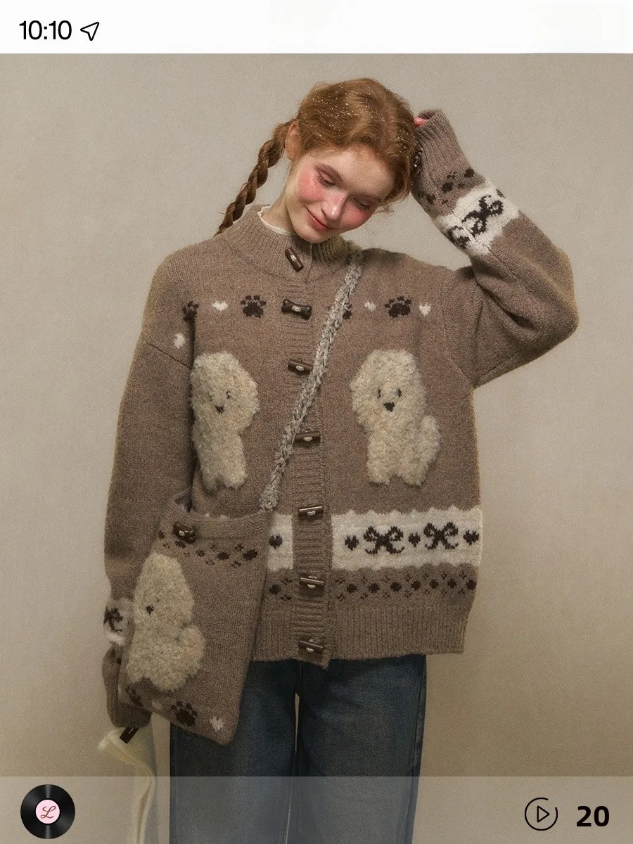 

ЛОЛЛЛ ® Новый женский вязаный кардиган с ретро-принтом собачек, осенне-зимний, на пуговицах, утепленный, повседневный, модный