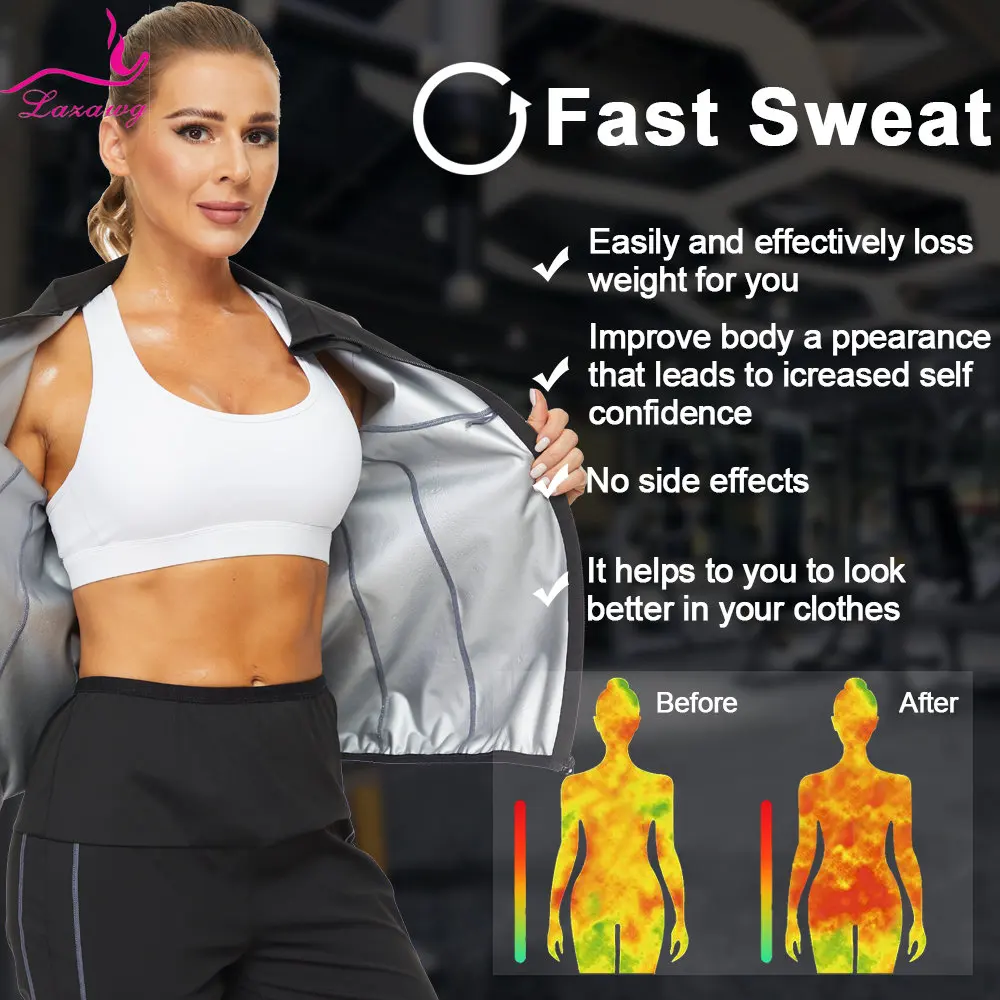 LAZAWG Sauna Jacket for Women Sweat Zipper Top Slimming Shirt Weight Loss Suit Body Shaper Fat Burner Workout Fitness Exercise