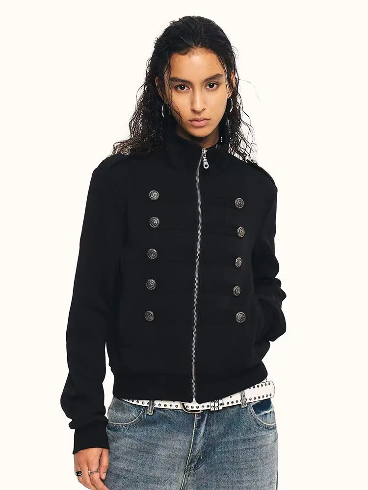 American Double Breasted Stand Collar Jacket Women Y2K Autumn Streetwear Slim Crop Coats Harajuku Retro 2000S Punk Outerwears