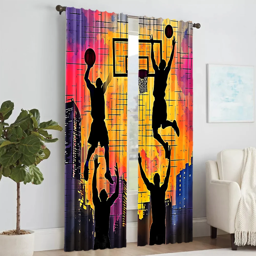 2Pcs Basketball Street Scene Curtains Rod Hole Design For Bedroom Living Room Dining Decor Polyester Machine Washable