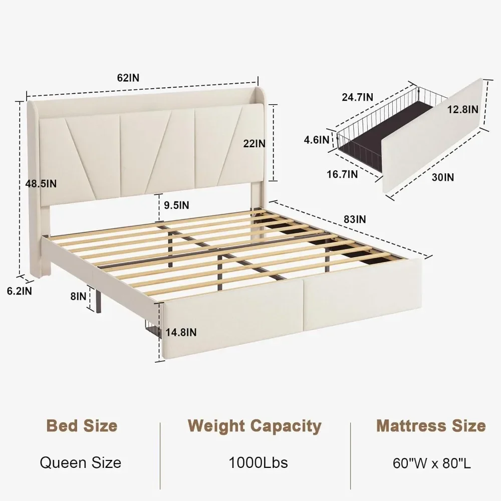 Marco de cama con cabecero y almacenamiento, marcos de cama tapizados con estación de carga, puertos USB tipo C, marco de cama de plataforma