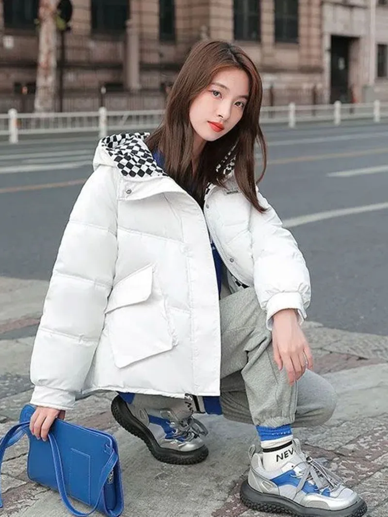 Shiny Clean Down Cotton Coat for Women 2024 Winter New Korean Checkered Cotton Coat Loose Warm and Wipable Cotton Coat Tide