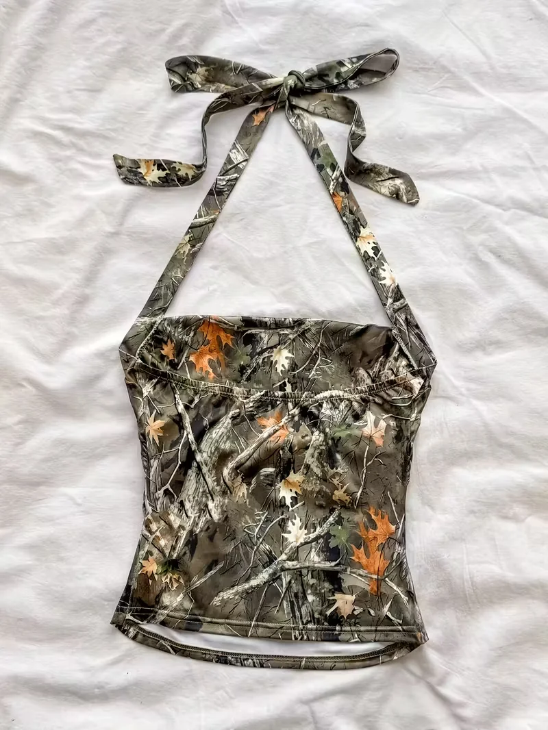 Women's Resort Tree Print Ruffled Strappy Backless Tank Top