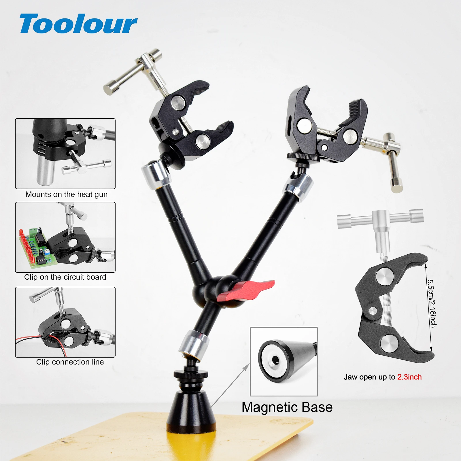 Toolour amiga as mãos braçadeira de solda com base magnética/clipe de mesa braços articulados flexíveis clipe pcb mágico para pistola de ar quente