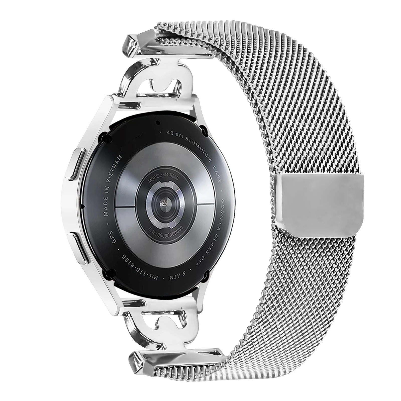 

Watch Band For Samsung Galaxy Watch3 41mm / Watch Active2 40mm 44mm Silver Milanese Stainless Steel Strap D-Shape Rhinestones De