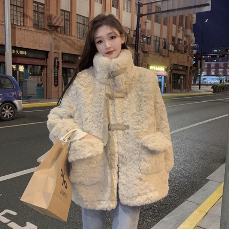 Rimocy Korean Style Lamb Wool Jackets Women 2024 New All-Match Loose Furry Coat Ladies Fashion Streetwear Pockets Plush Coats