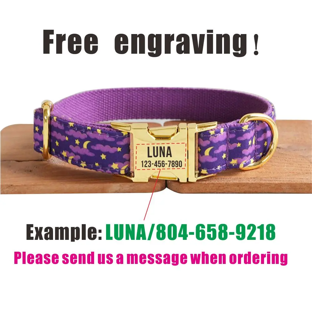 Personalized Dog Collar with Free Engraving, Matching Pet Leash,Customzied Contacts Metal Buckle, Purple Moonlit Night Collar