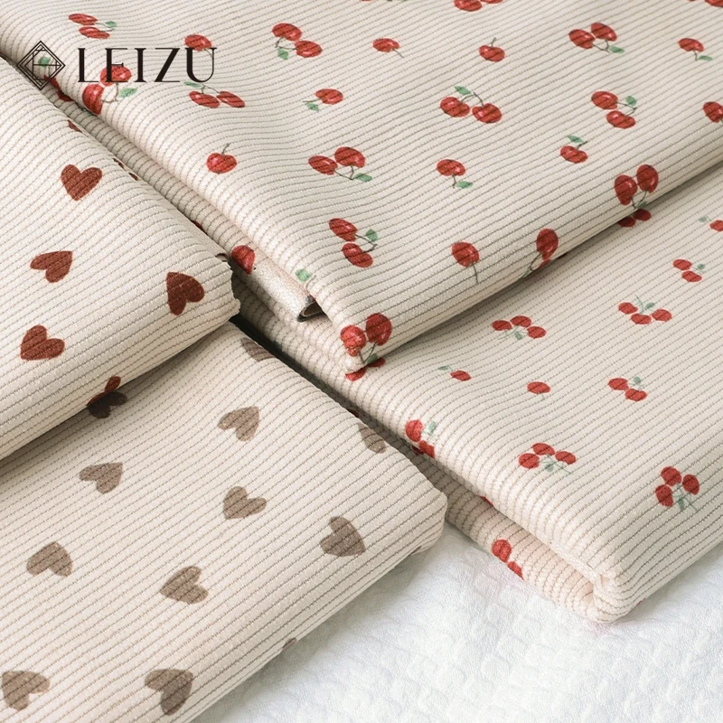 0.5/1/2Yard Ribbed Corduroy Fabric Cute Cherry Heart Print Spring Autumn DIY Sewing Fabric Making Pants Jacket Clothing Cloth