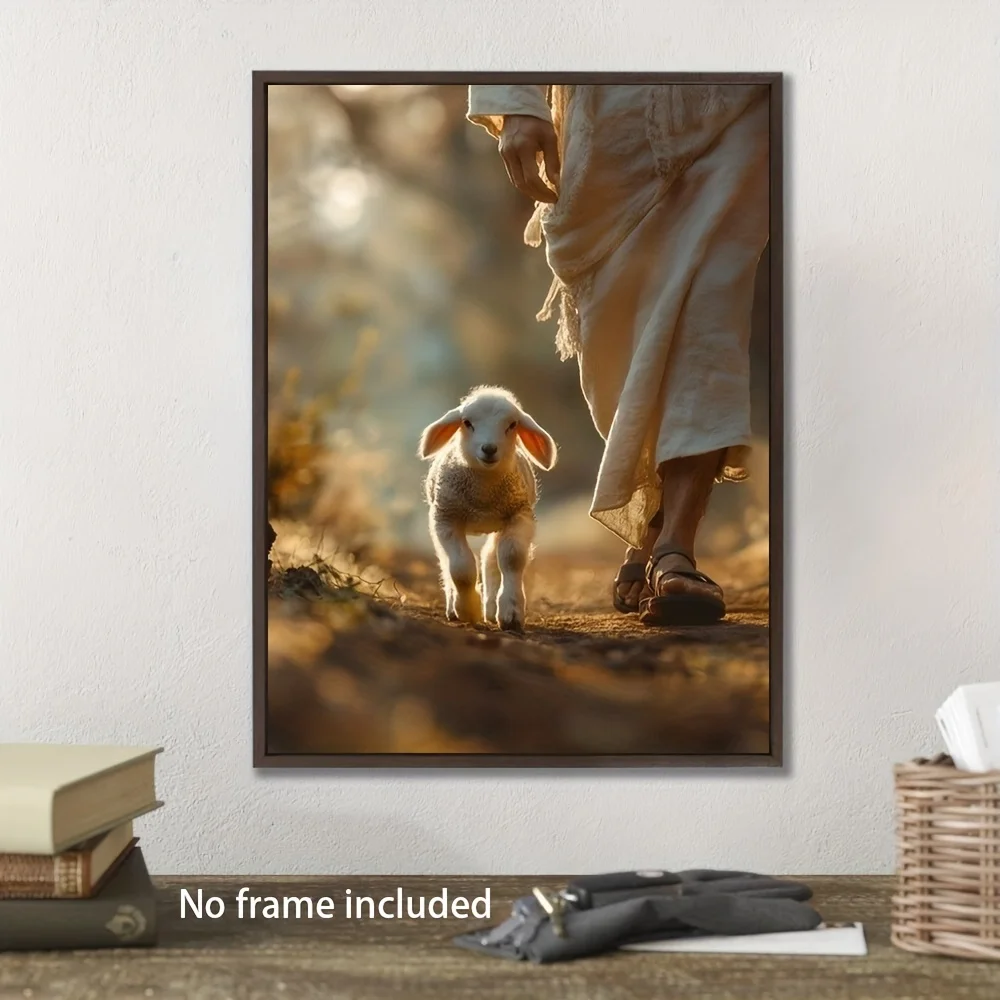 Rustic Warm Tones Canvas Art Print-Lamb and Person Religious Inspirational Series - Frameless Oil Painting Style Poster