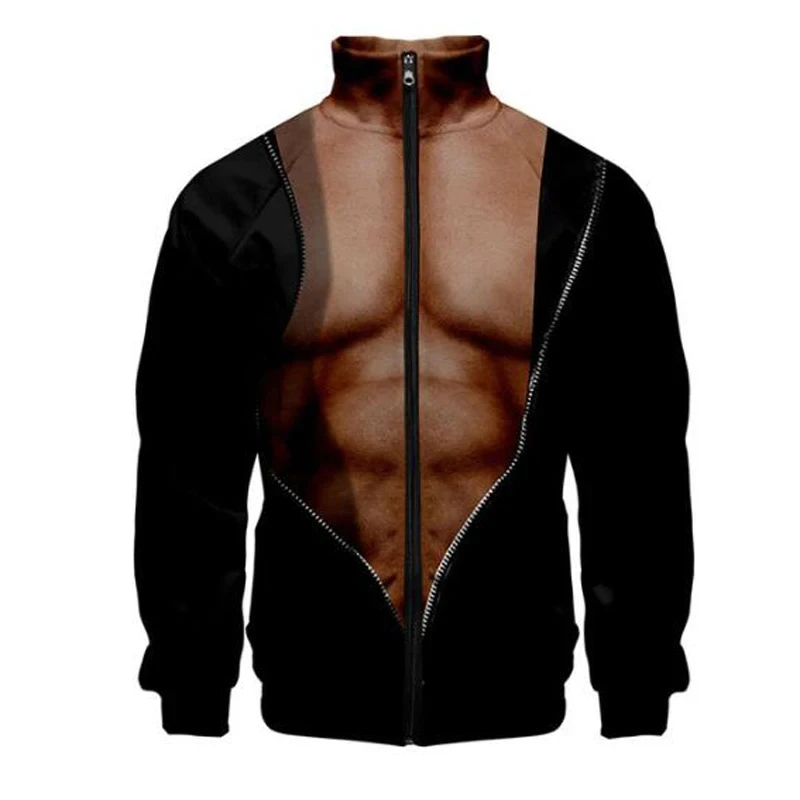 Funny Fake Muscle 3D Print Zipper Jacket Long Sleeve Jacket Stand Collar Fashion Clothes Men's Large Size Casual Coat Clothing