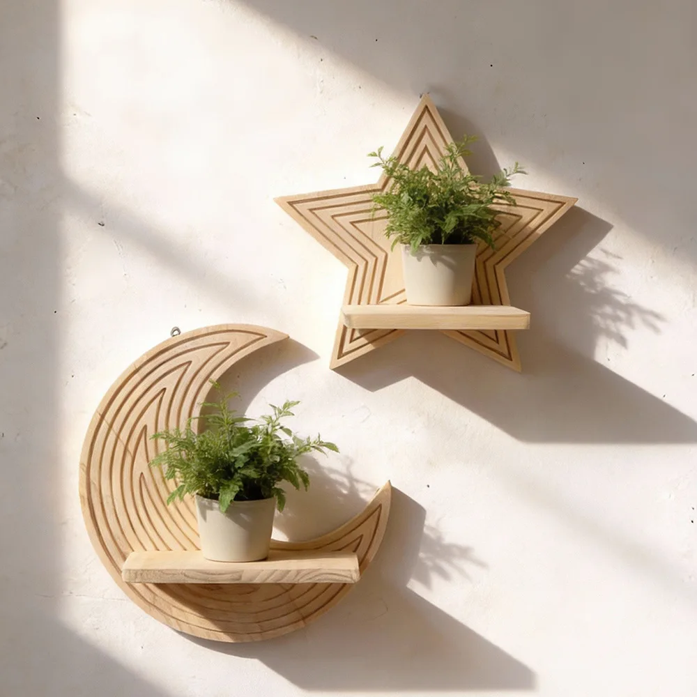 Moon Star Shape Wooden Floating Wall Shelves Creative Wall Hanging Rack for Plants Decor Bedroom