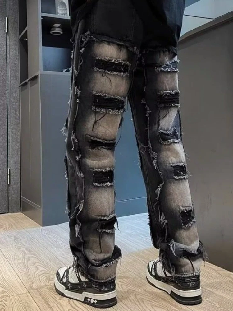 Men Vintage Ripped Patchwork Jeans High Street American Washed Distressed Straight Denim Pants Loose Drape Trousers