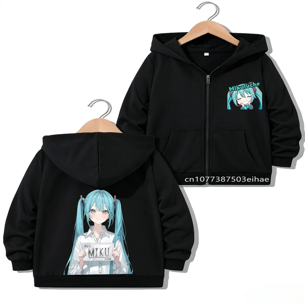 Spring Autumn Kids Girls Hatsune Miku Zipper Jacket Anime Figure Printed Outerwear Lovely Cartoon Children Casual Overcoat Tops