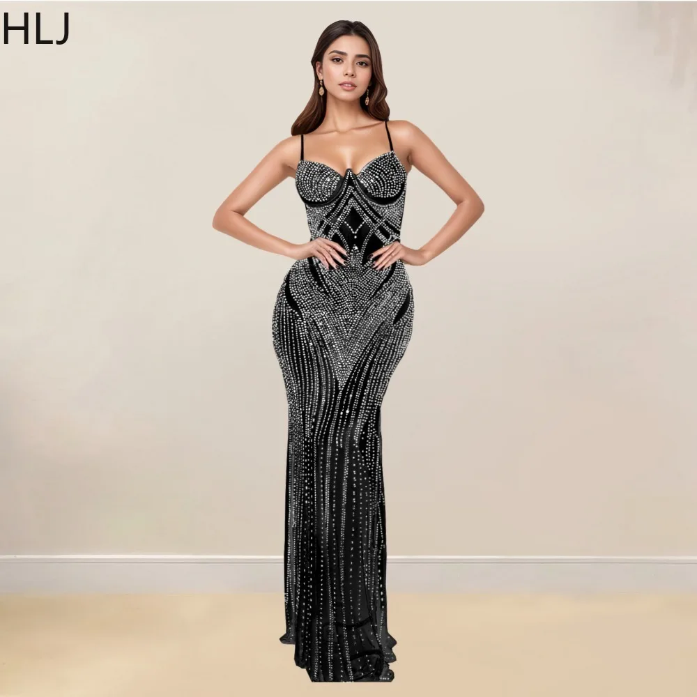 HLJ Fashion Luxury Rhinestones Bodycon Evening Party Spaghetti Strap Long Dress Women V Neck Sleeveless Sleeveless Slim Vestidos